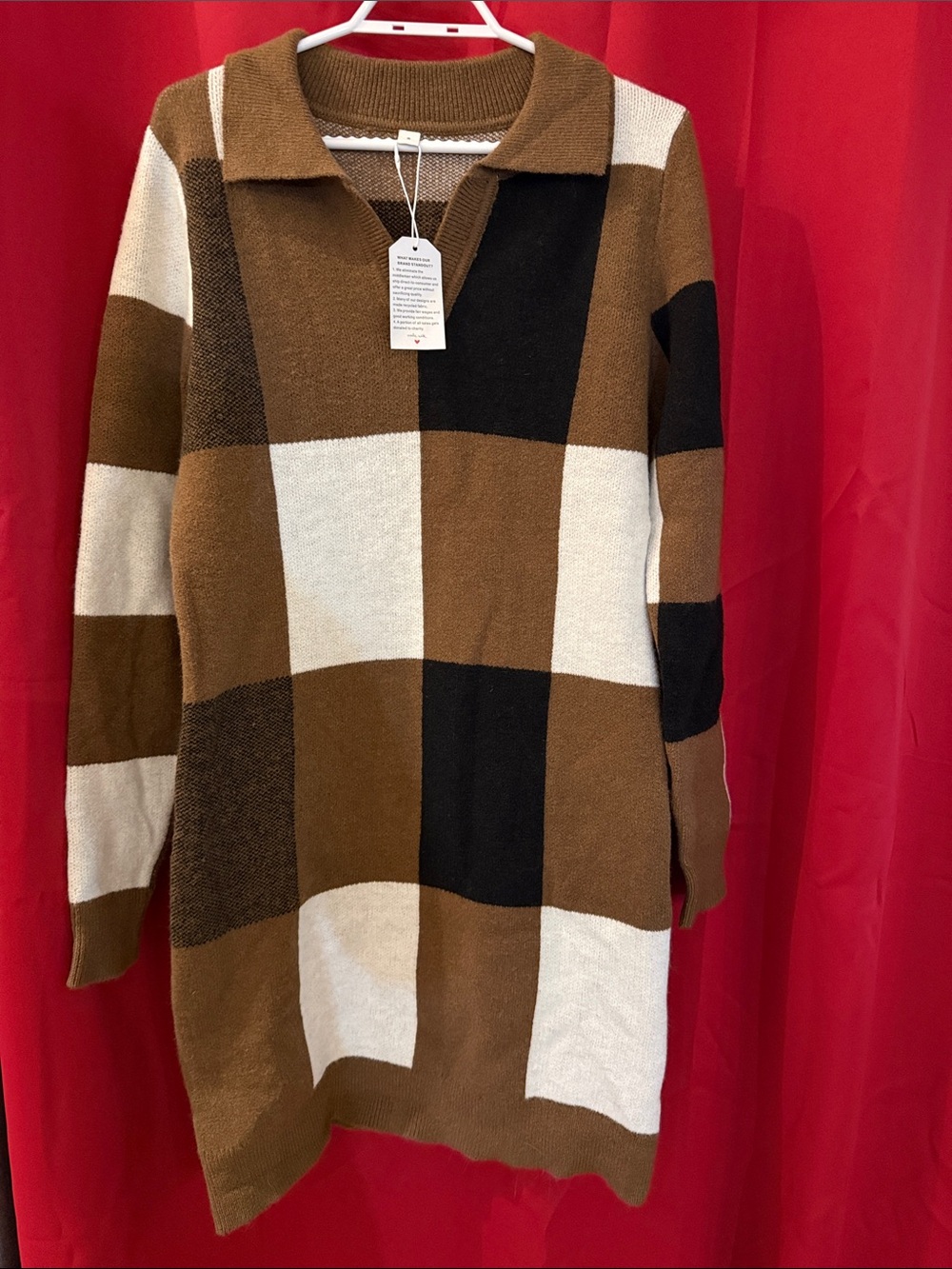 Nameless Brown, Black, and Cream Plaid Long-Sleeve Knit Dress